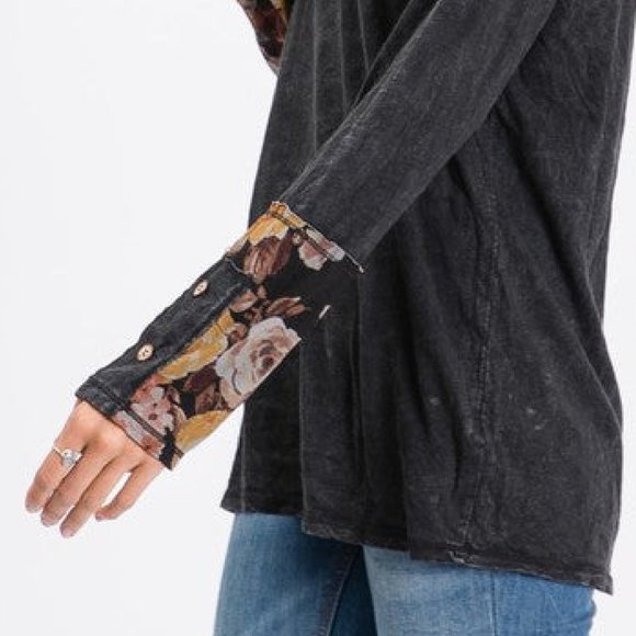 Mineral Wash Long-Sleeve With Floral & Button Detail on Sleeve - Picture 5 of 9